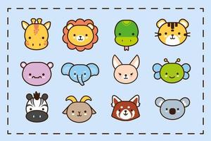 paquete de doce animales kawaii de línea y estilo de relleno vector