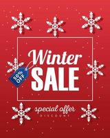 big winter sale poster with blue tag hanging and snowflakes vector