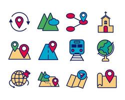 Map and location line and fill icon set vector