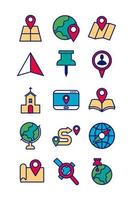 Map and location line and fill icon set vector