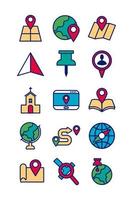 Map and location line and fill icon set vector