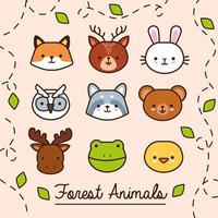 bundle of kawaii animals with leaves plant line and fill style vector