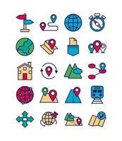 Map and location line and fill icon set vector