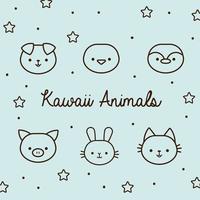 paquete de animales kawaii con estrellas y estilo de línea de letras vector