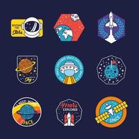 bundle of nine space badges in blue background line and fill style icons vector