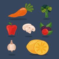 Paquete de siete frutas y verduras frescas, iconos de conjunto de alimentos saludables vector