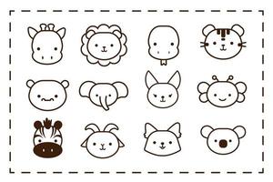 paquete de doce animales kawaii estilo de línea vector