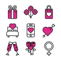 línea de san valentín y conjunto de iconos de relleno vector