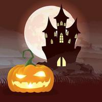 Halloween dark night scene with pumpkin and castle vector