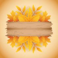 Banner de otoño con follaje y etiqueta de madera. vector