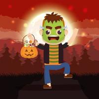 Halloween dark scene with pumpkin and kid in a monster costume vector