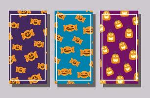 Bundle of Halloween candies and pumpkins patterns background vector