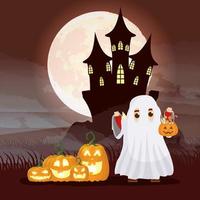 Halloween dark scene with pumpkin and kid in a ghost costume vector