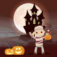 Halloween dark scene with pumpkin and kid in a mummy costume vector