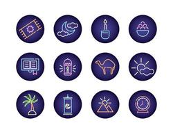 Ramadam Kareem neon light style icon set vector