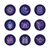 Ramadam Kareem neon light style icon set vector