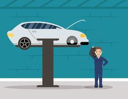 man mechanic working in a car, changing the tires vector