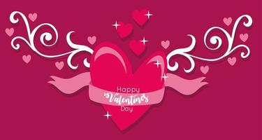 feliz dia de san valentin tarjeta con corazon y cinta vector