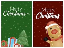 merry christmas card set with cute reindeer character vector