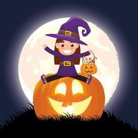 Halloween dark scene with pumpkin and kid in a witch costume vector