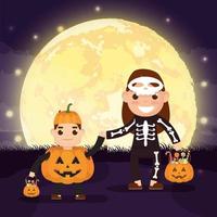 Halloween dark scene with pumpkin and kids in costumes vector