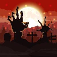 Halloween dark scene with zombie hands in cemetery vector