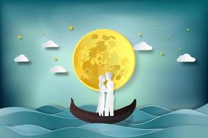 Paper cut and digital craft style of lovers in boat vector