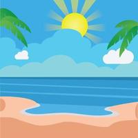 Ocean view with clouds, coconut trees, and shiny sun vector illustration