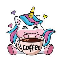 expresión de un lindo unicornio de dibujos animados feliz con una taza de café vector