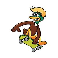 Cool Cartoon Duck playing on skateboard. Vector clip art illustration with simple gradients in white background.