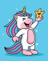 expresión de un lindo unicornio de dibujos animados riendo con una estrella vector