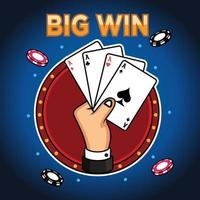 Vector of hand with poker card and big win text. Game icon concept in navy background.