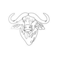 One single line drawing of strong buffalo head. Trendy continuous line draw design vector graphic illustration.