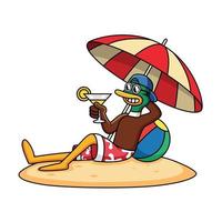 lindo pato se relaja en la playa y sostiene la ilustración de icono de vector de dibujos animados de jugo. concepto de icono de vacaciones animal aislado vector premium.