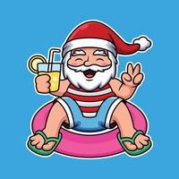 Santa Swimming With Tube And Holding Juice Cartoon Vector Icon Illustration. People Holiday Icon Concept Isolated Premium Vector.