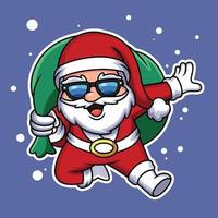 Cute Santa carrying a christmas gift with funny expression. Vector cartoon illustration.