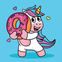 Cute Unicorn Cartoon with Sweet Donuts and Hearts. Vector Illustration.
