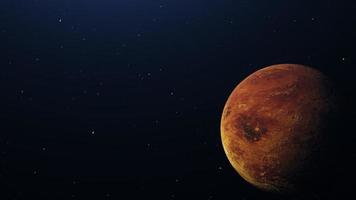 realistischer orange Planet fliegt über dunkelblaue Galaxie vorbei