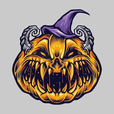 Spooky Creepy Halloween Pumpkin with Hat Illustration