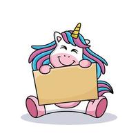 Cartoon unicorn is carrying a board with a sweet smile