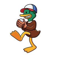 Cartoon duck playing baseball. Vector clip art illustration with simple gradients in white background.