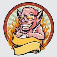 emblema de mascota de cerdo vintage con cinta y fuego vector