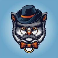 Grey cat gentleman with glasses, hat and mustache vector