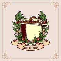 Coffee Day Vintage Badge with Glass and Ribbon vector