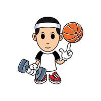 Simple cartoon boy playing basketball with barbell. Vector Cartoon Illustration in white background