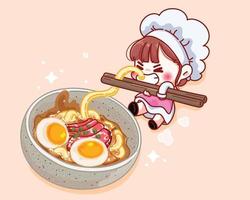 Cute chef holding chopsticks with noodles near the soup cartoon illustration vector