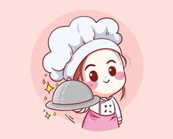 Chef girl Smiling and cooking with happy love in her kitchen vector illustration