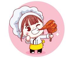 Cute chef with grilled skewered milk pork thai food cartoon illustration vector
