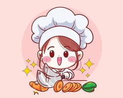 Female Chef cutting carrot vegetable, cooking in kitchen cartoon vector