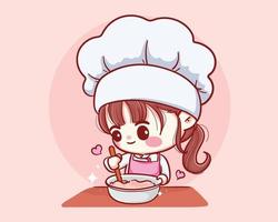 linda panadería chef niña cocinando sonriente ilustración de arte de dibujos animados